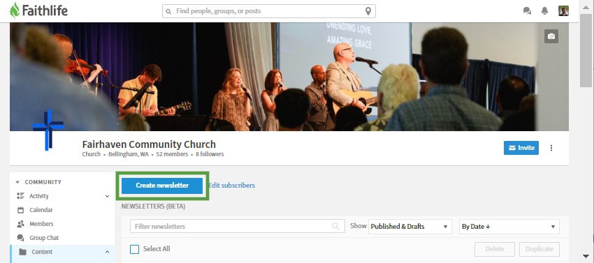 Create newsletter button in Faithlife group