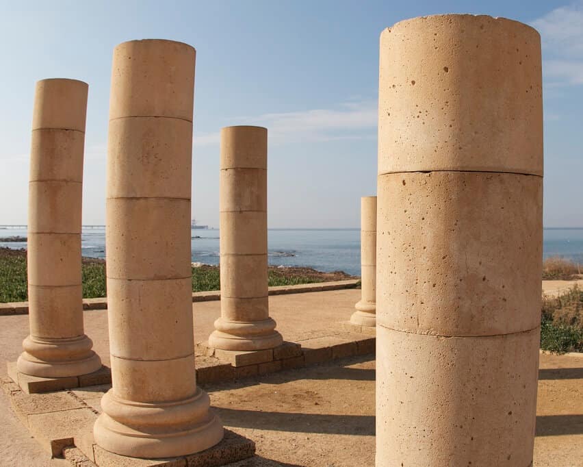 Pillars in Herod the Great’s "Reef" or "Promontory Palace" complex, probably the site of Paul's hearing and trial (Acts 25:1–26:32).