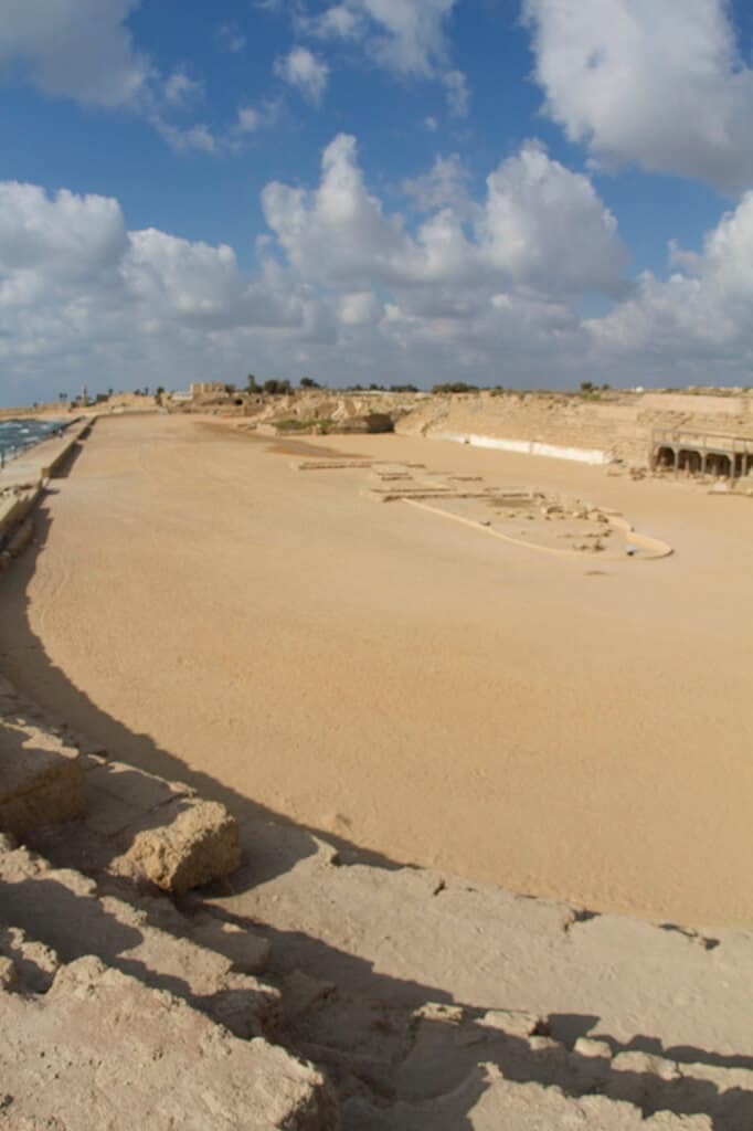 Ruins of the Roman hippodrome (horse or chariot race track) at Caesarea.
