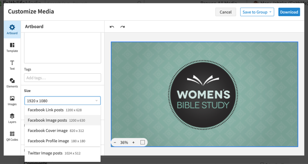 church social media size options inside Faithlife Media