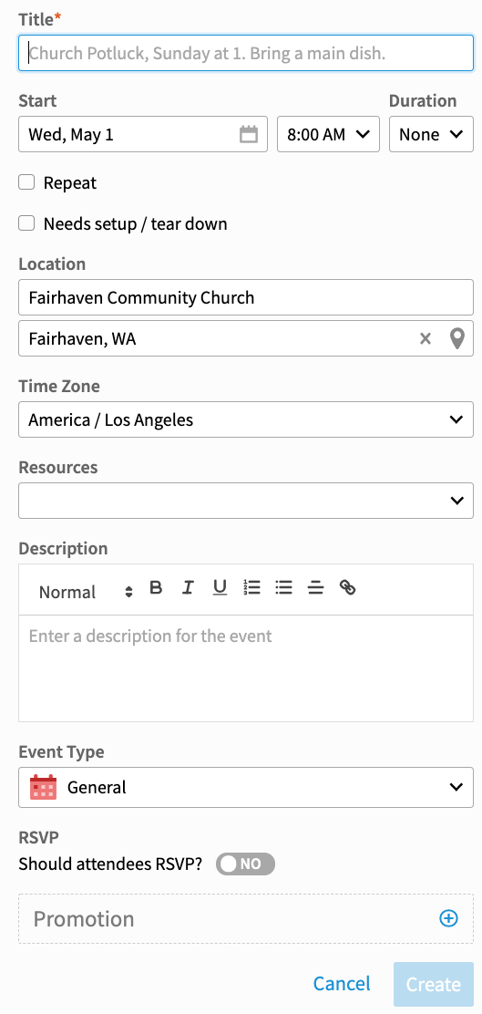 Creating a Church Event inside Equip Calendar